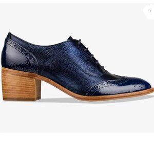 FOWT Blue Perforated Lace-Up Oxfords Almond Toe Chunky Heel Brogues Casual Shoes